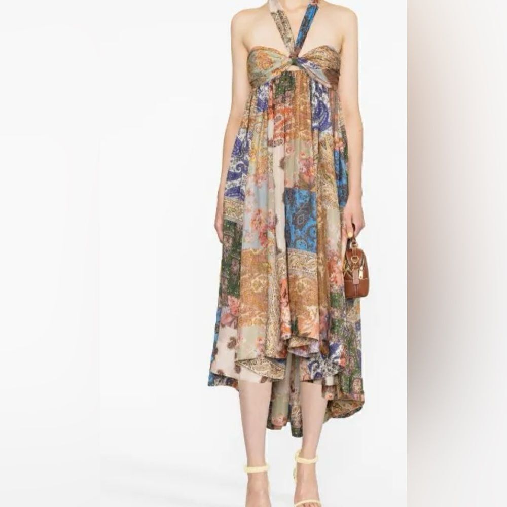 Zimmermann Devi Mixed Print Halter Neck Silk Dress - Patch Paisley Sz 0P / US 2